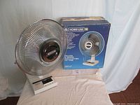 Front view of the Home-Line 3-speed oscillating fan with original packaging visible in the background.