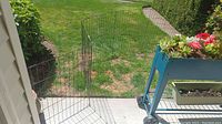 Black metal garden fence panel set up on lawn near patio and plants showing wire grid construction and gate-like section.