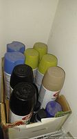 Top view of the 7 spray paint cans in a cardboard box showing blue, green, black, and beige caps.
