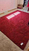 Full view of large red shag area rug placed on floor, measuring approximately 8x10 feet.