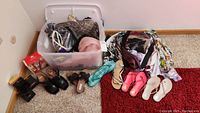 Photo showing multiple pairs of women's sandals, colorful scarves, and clear plastic bin with toiletries and personal items placed on red carpet and adjacent floor.