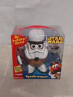 Front view of sealed Mr. Potato Head Spud Trooper figure in original red and clear plastic packaging with Star Wars branding.
