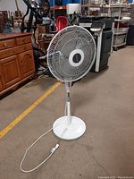 Full view of oscillating floor fan from side angle showing overall structure, base, and cord.