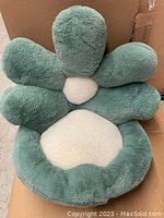 Front view of the green daisy flower plush futon cushion showing petal shapes and white center.