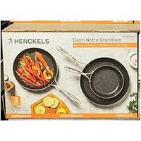 Box showing Henckels Capri Notte Granitium 3-piece fry pan set with image of 8, 10, and 12 inch pans, highlighting ultra-durable nonstick coating safe for metal utensils