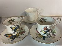Three porcelain teacups and saucers displayed; two have colorful bird illustrations, one plain white with gold trim showing wear on rim.
