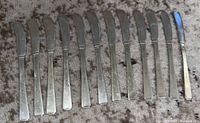 Twelve sterling butter knives arranged in a row on a carpet