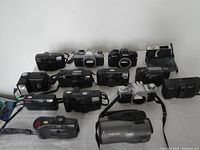 Full view of collection showing all camera bodies and camcorder laid out on a white surface.