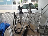 Photo showing multiple camera tripods of varied height and style arranged outdoors.