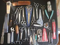 Full view of lot items laid out on black surface showing assorted scissors, shears, personal hygiene items, and small hand tools.