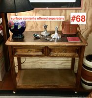 Full view of oak server with items on top to indicate surface contents offered separately