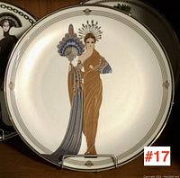 Front image of the decorative plate with centered illustration of Athena, showing detailed costume and fan design.