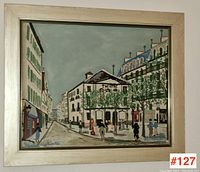 Framed vintage print of Theatre Montmartre, Paris showing building facade, trees, and pedestrians.