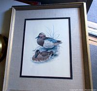 Framed lithograph showing overall view with beige mat and wooden frame around detailed duck image