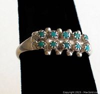 Front angled close-up view of the sterling silver ring with turquoise stones arranged in two rows, showcasing the snake eye design.
