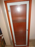 Front view of a tall wooden display cabinet with framed glass door and metal knob.