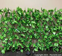 Expandable artificial ivy fence with green polyethylene ivy leaves on willow wood lattice, includes a solar light at the base.