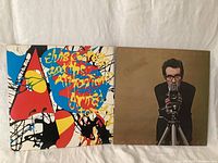 Two vinyl record album covers: Elvis Costello and The Attractions' 'This Year's Model' with colorful abstract art, and another cover showing a man with a camera on a tripod.