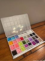 Full view of the organized plastic storage case containing multiple compartments filled with multicolored acrylic flower and petal shaped beads.