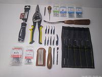 Photo showing all items neatly arranged on a white surface including metal shears, chisels, awl, carving tools, sharpening stone, and bags of fasteners.