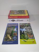 Five field guide books and pamphlets stacked and arranged, visible titles and covers related to BC plants and mushrooms.