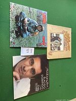 Three John Denver LP albums laid out on green surface: Spirit, Greatest Hits, Portrait of John.