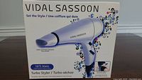 Front side of Vidal Sassoon Turbo Styler hair dryer packaging showing image of hair dryer and key features including 1875 watts power.