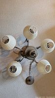 Top-down view of five-light chandelier, showing the shades and central mounting fixture.