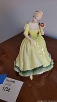 Full view of Royal Doulton Paula figurine showing yellow dress with green trim and holding red box.