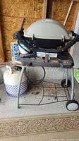 Weber Q grill on stand with propane tank beside