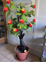 Full view of artificial apple tree in brown pot with multiple red apples and green leaves, placed on floor near white paneled wall.