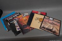 Photo showing all 10 vinyl records with album covers displayed including multiple Triumph albums, Neil Young, Q107 Homegrown V, Loverboy, and April Wine.