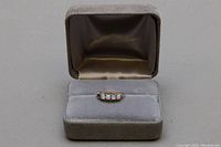 Full view of ring in display box showing the row of five white opal stones on gold band