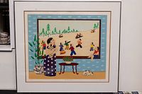 Full view of the framed print titled Hot Chocolate featuring a woman indoors looking out at children sledding outside on snow covered hills.