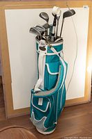 View of teal and white Excalibur golf bag with golf clubs inside.