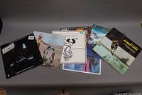 Full view of all seven vinyl records laid out side by side showing distinct album covers