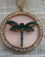 Front view of the gold-tone circular pendant with green dragonfly and clear stones on the border.