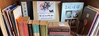 Photo showing a collection of mostly hardcover Chinese language books and dictionaries with their spines visible, some with traditional Chinese characters.