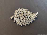 Front view of large Sherman rhinestone leaf brooch on black background, showing overall shape and details of rhinestones.