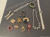 Photo showing all items including necklaces, bracelets, earrings, and various brooches arranged on black background