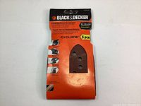 Front view of Black & Decker Cyclone finishing/detail sandpaper packaging showing 5 pieces with viewing window on sandpaper and hole arrangement.