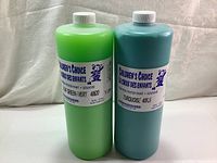 Front view of two large bottles of Children's Choice tempera poster paint, Leaf Green and Turquoise colors.