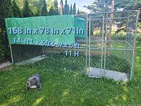 Large assembled chain link dog kennel on grass with green tarp roof and concrete slab inside, dog sitting next to it for scale.