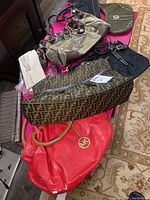 Eight various purses arranged on a carpet, showing colors, brands, and condition including Michael Kors, Fendi and Juicy Couture
