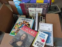 Overview of multiple books in box, including Louvre art book and children's Mother Goose book