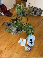 Wide view showing multiple live plants in ceramic pots on and around Longaberger black metal plant stand, and the Netvue Birdify feeder cam with remote and mounting accessories on the floor.