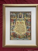 Full view of the framed 1898 Currier & Ives print titled 'Our Father' showing central prayer text surrounded by illustrated panels representing each of the 10 Commandments.