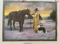 Close-up image of the print showing the cowboy in a yellow coat, a saddled horse, and a dog in a snowy landscape at dawn.