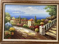 Full view of the framed oil painting showing the Italian coastal village scene.