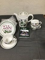 Overview photo of the Botanic Garden tea set with teapot, three cups with saucers, three dessert plates, and commemorative booklet.